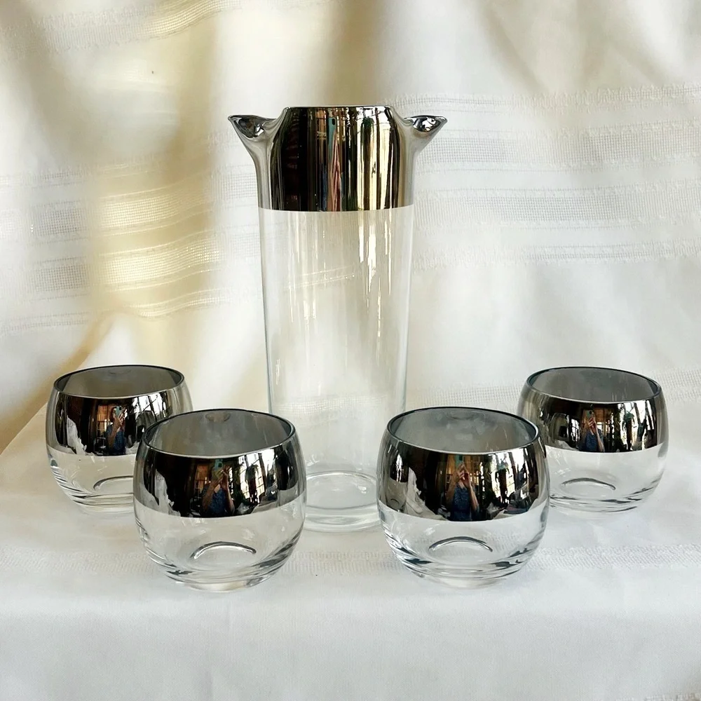 Cocktail Set Dorothy‎ Thorpe Silver Overlay Pitcher Roly Poly Glasses 1947-1963